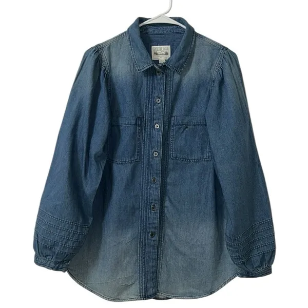 American Eagle Outfitters Denim Puff Sleeve Button Down Blue Top(Size Medium) - Image 3