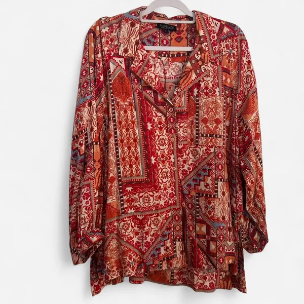 RACHEL ZOE Red-Orange Southwestern Boho Rayon Blouse Large - Image 3