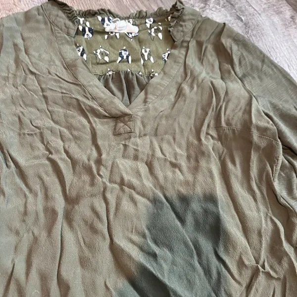 Anthropologie‎ Porridge Aidan Shirt Top Green Size S 3/4 Roll Sleeve Dog Detail - Image 11