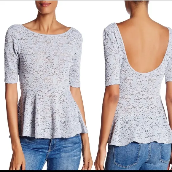 Free People Gray Lacey Second Chance Short Sleeve Peplum Top M - Image 3