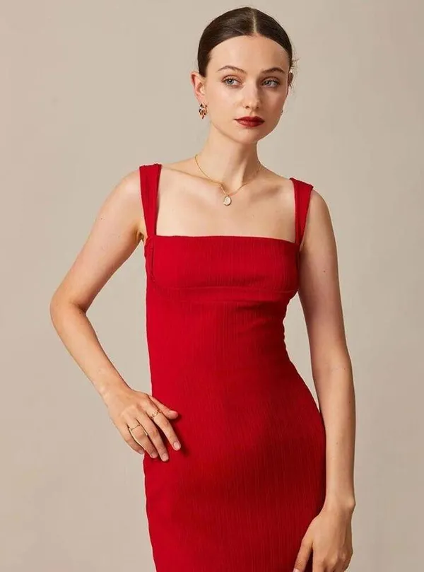 RIHOAS The Red Square Neck Ribbed Midi Dress S - Image 3