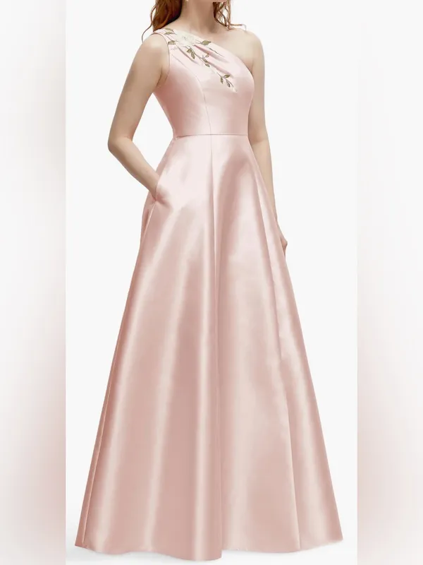 NEW Alfred Sung One-Shoulder A-Line Gown Handworked Floral Appliqué Blush Sz 14 - Image 3