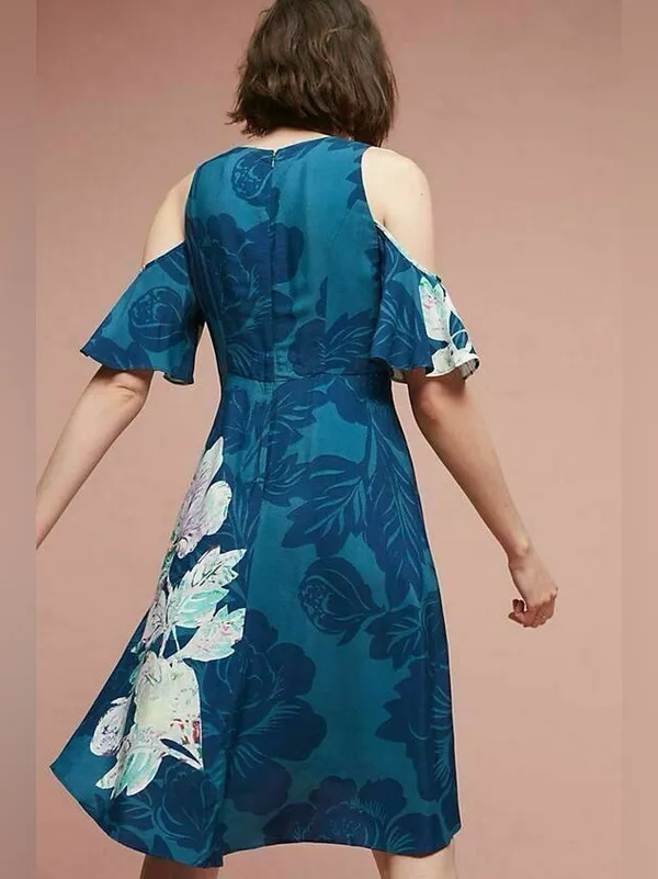Maeve Anthropologie Elia Open‎ Shoulder Teal Floral Dress - Image 6