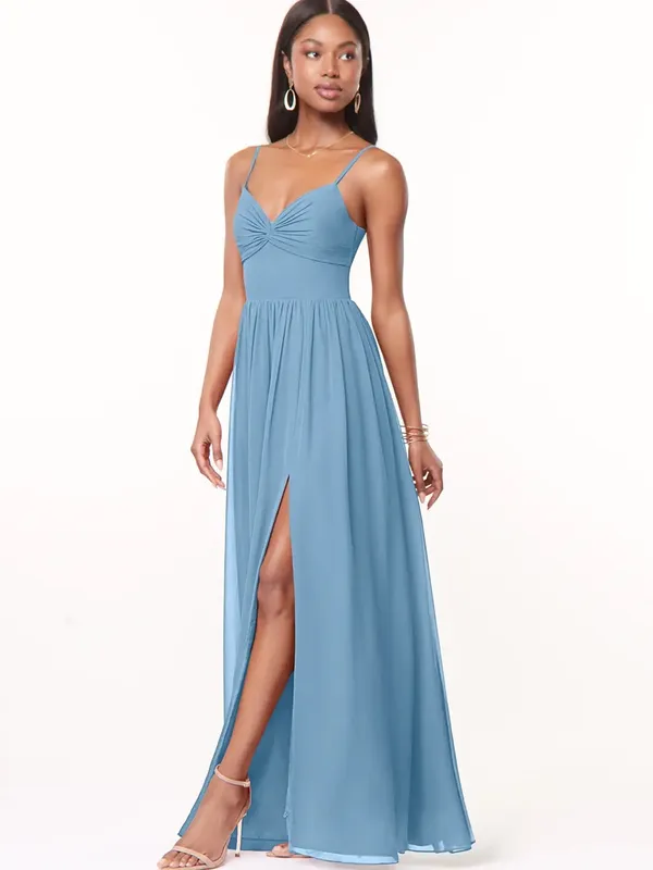 Azazie Zeya Steel Blue A-Line V-Neck Pleated Chiffon Dress Size 6 - Image 4