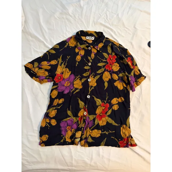 Clio 90s Shirt Tropical Floral‎ Black Rayon Crinkle Button Down Short Sleeve - Image 2