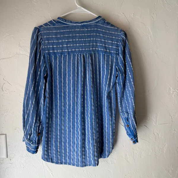 Anthropologie Size 8 Medium Blue Striped Viscose‎ Linen Blend Button Up Long Slv - Image 5
