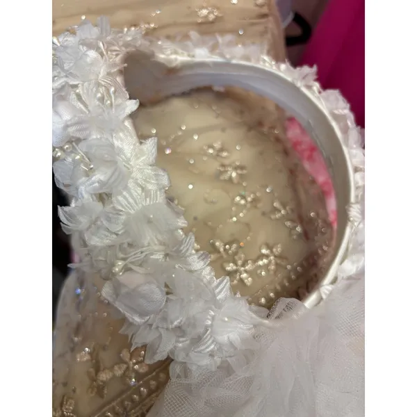 White Floral Bridal Crown Headband w/ Tiered Pearl Tulle Veil Wedding Accessory - Image 3