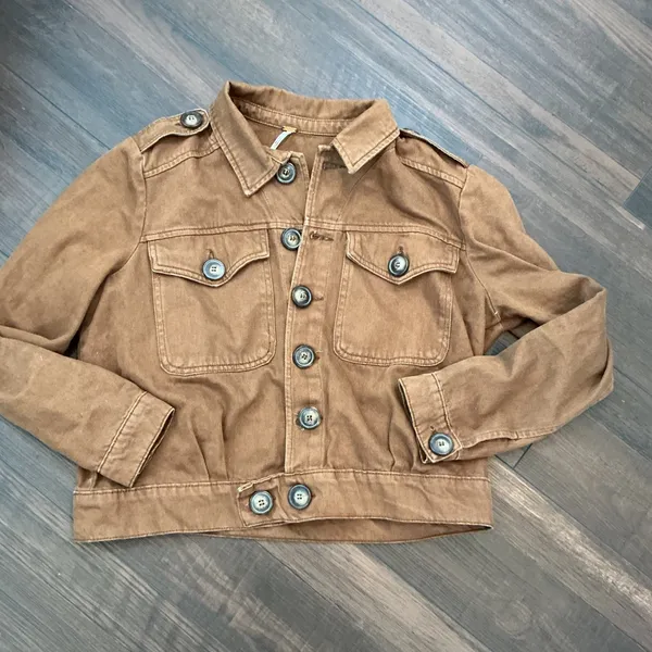 Free People Brown Utility Cropped Military Jacket Button Front Small Boho Field - Image 4