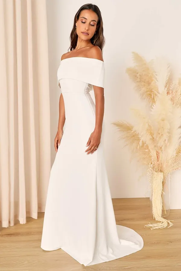NWT Lulus Exceptional Romance White Off-the-Shoulder Mermaid Maxi Dress Bride M - Image 2