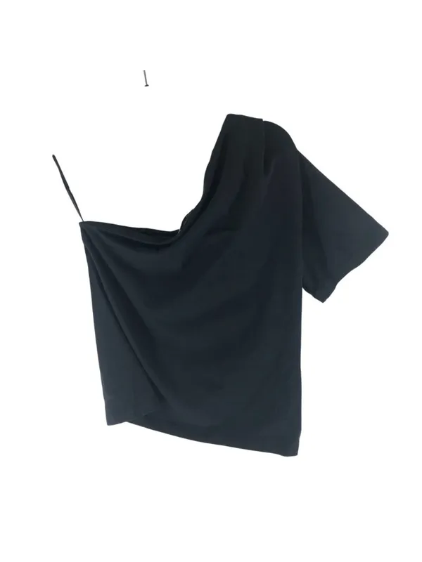 Nordstrom Signature Womens One Shoulder Top Short Sleeve Pleated Black M - Image 2