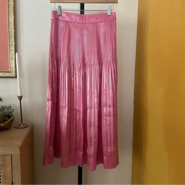 Rhode Farrah‎ Pleated Lamé Midi Skirt Metallic Shimmer Rosh Pink $465 Size 4 - Image 3