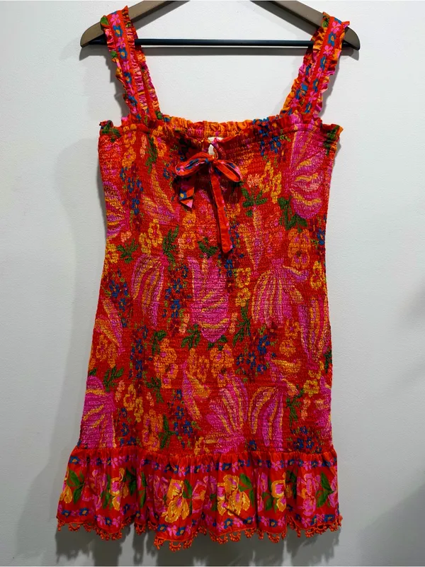 FARM Rio Floral Smocked Mini Dress Ruffle Tie Crochet Hem Large L - Image 2