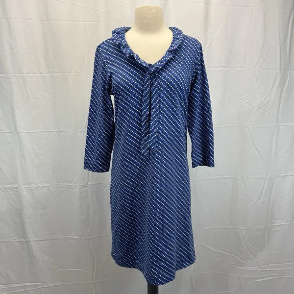 J. McLaughlin Catalina Jaclyn Dress M 3/4 Sleeve Ruffle Neck Tie Blue Stretch - Image 2
