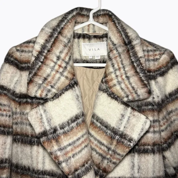 VILA Virooma Birch Check Wool Pea Coat Size M Plaid Quiet Luxury - Image 3