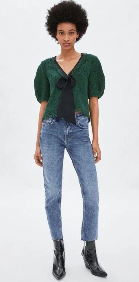 Tweed Puff Sleeve Bow Tie Front V-Neck Blouse Top - Image 6