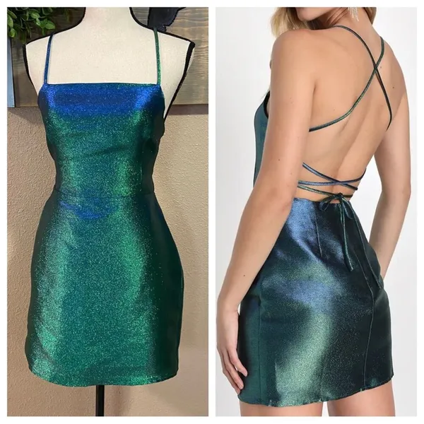 NWOT Lulus Impressive Confidence Shiny Green and Blue Lace-Up Mini Dress - Image 2