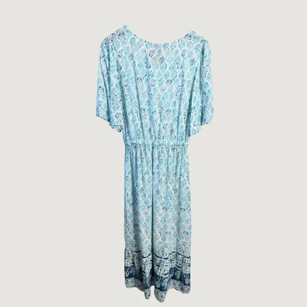 Margaux Riviera Blue White Print Viscose Maxi Dress Flutter Sleeve Size L - Image 3
