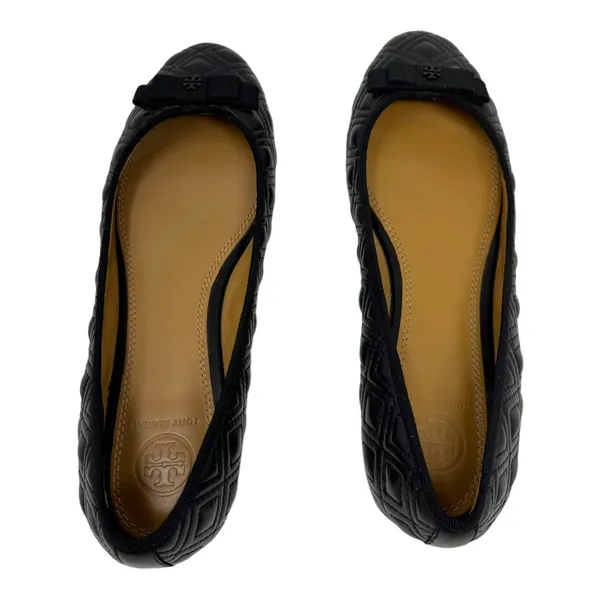 Tory Burch Black Leather Quilted Bow Ballet Flats Designer Shoes Size 7 - Image 4