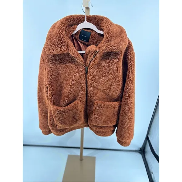 Anthropologie Elodie Faux Sherpa Teddy Coat Oversized Rust Size Medium Pockets - Image 8