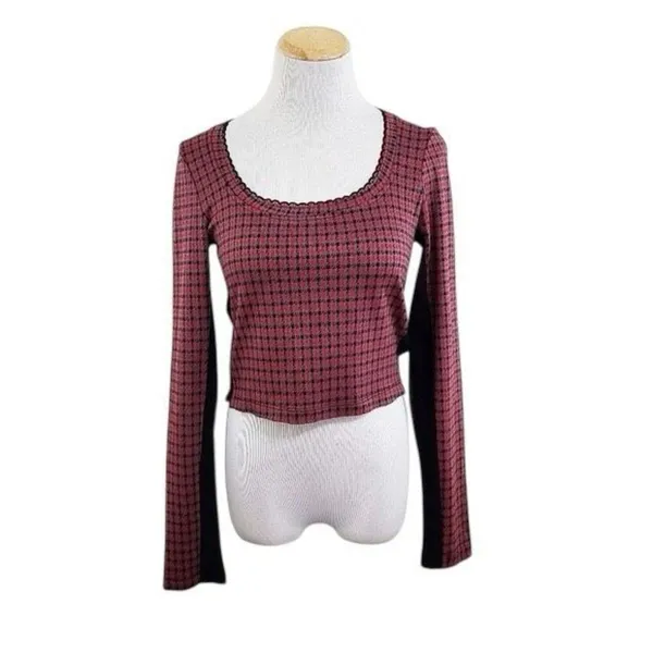 ✨Free People Boston Square Neck Sz Medium Tee Red Plaid Long Sleeve✨ - Image 3