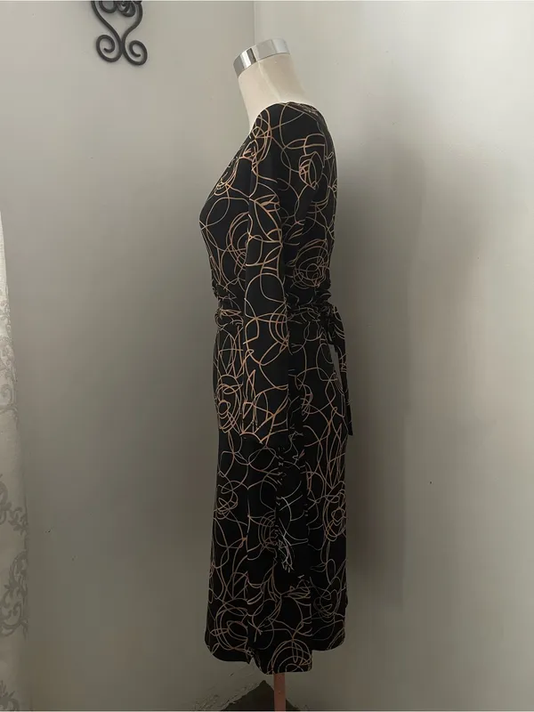 BCBGMaxAzria Black Wrap Midi Dress with Tan Floral Line Print - Image 2