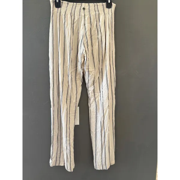 Billabong Womens Striped Wide Leg Linen Blend Pants‎ Cream Navy Blue Coastal L - Image 4