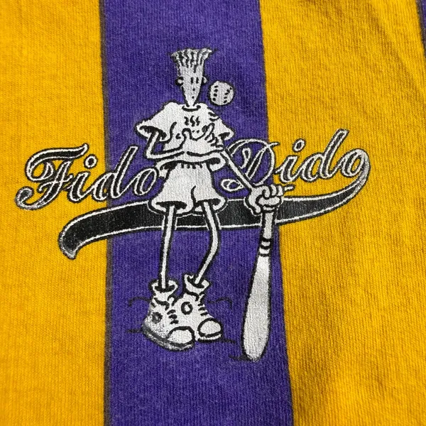 Fido Dido Baseball Jersey Women Medium Vintage 90s Y2K Purple Yellow Striped USA - Image 2