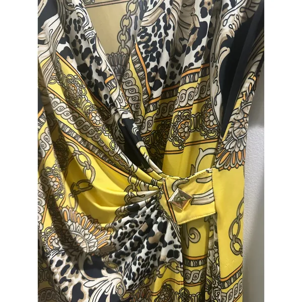 Carmen Marc Valvo Yellow Baroque Leopard Print Faux Wrap Dress Gold Stud Medium - Image 4