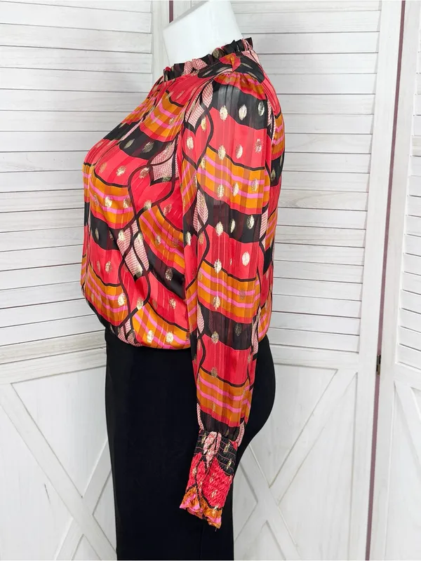 J Joie Printed Metallic Polka Dot Blouse Red Black‎ Pink Multi Large Smocked - Image 2