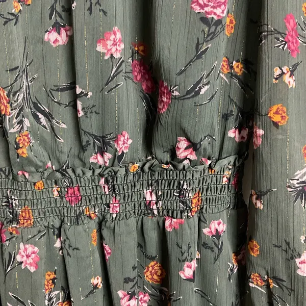 Drew Green Floral Long Sleeve Smocked Waist Dress‎ Size Small - Image 6