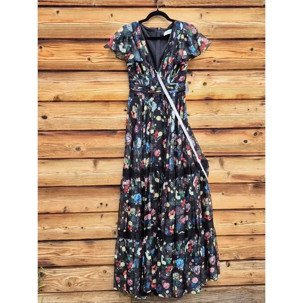 Mac Duggal Size 0 Black Floral Plunge V Neck Lace Maxi Long Formal Gown Dress - Image 6