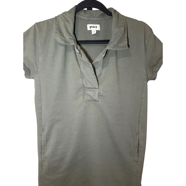 Pact Organic Cotton Polo Collared Shirt Dress Olive Green Pockets Size Small - Image 2