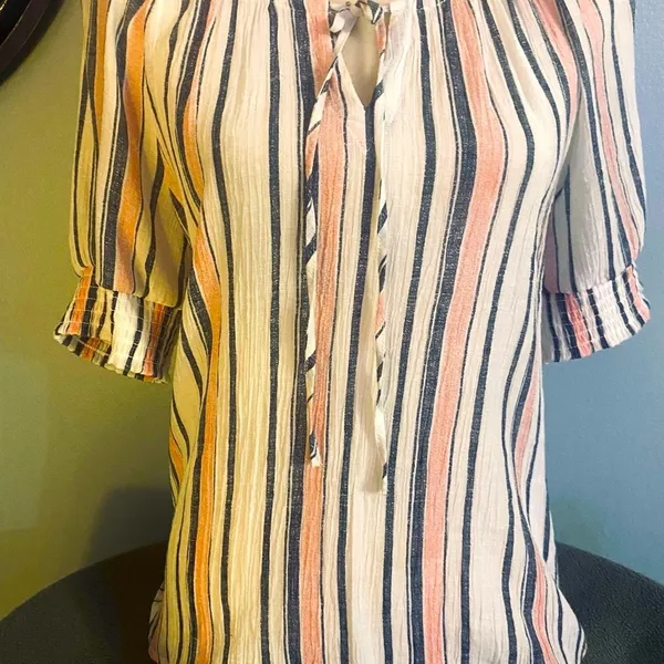 Ruffled Navy & Pink Striped Puff Sleeve Top with Tie Front - Image 3
