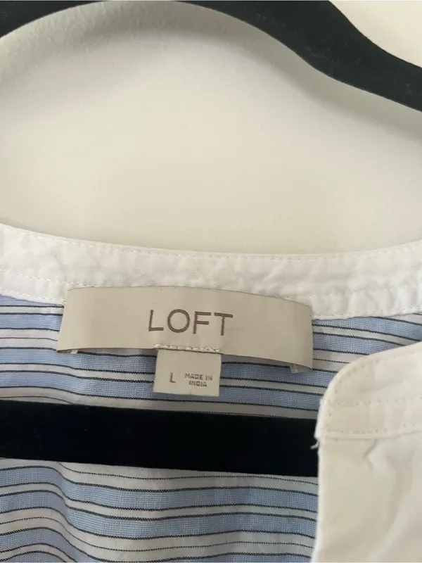 Loft Blue White Stripe Popover Peasant Top Large Coastal Nantucket Euro Summer - Image 2