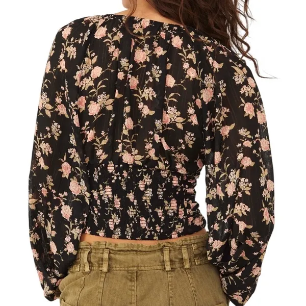 NWT Free‎ People New Final Rose Floral Ruched Cropped Blouse Top Black Sz Medium - Image 2