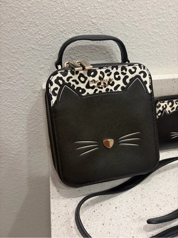 Kate Spade Black Leather Daisy Meow Top Handle Crossbody Bag With Wallet EUC - Image 2