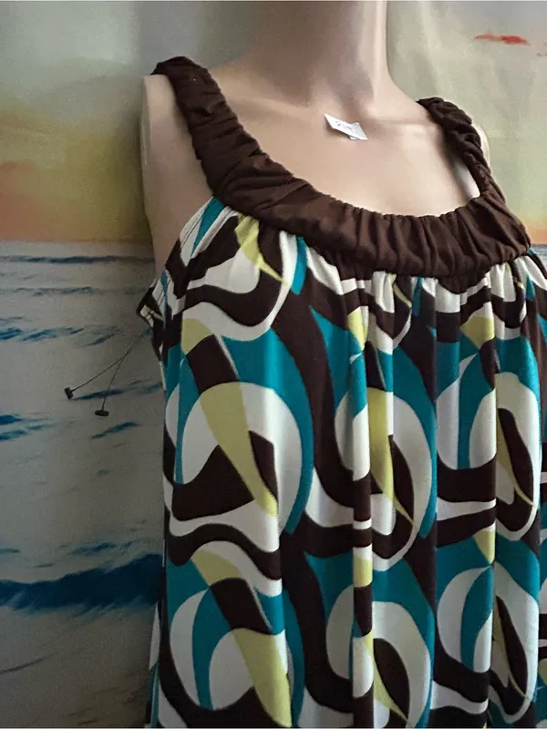 Forever Women’s Sleeveless Retro Circle Print Sundress in Teal & Brown MD - Image 6