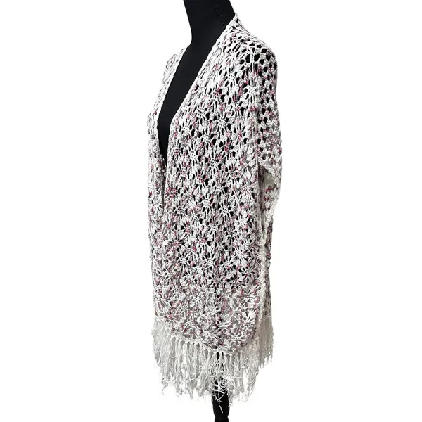 POL Knit Crochet Duster Cardigan Long Coverup White Women's Medium Boho Floral - Image 2
