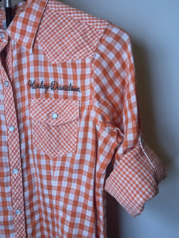 Harley Davidson Orange Gingham Snap Shirt‎ Embroidered Back Small - Image 13