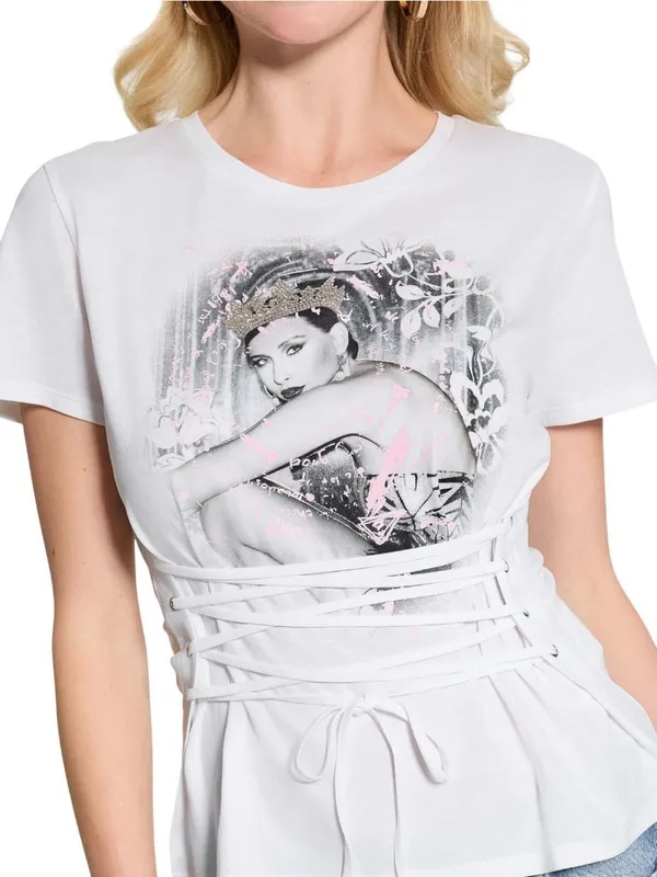 NWT GUESS Eco Short Sleeve Lace-Up Graphic Corset Tee W5RI32K9RM1 Pure White XS - Image 3