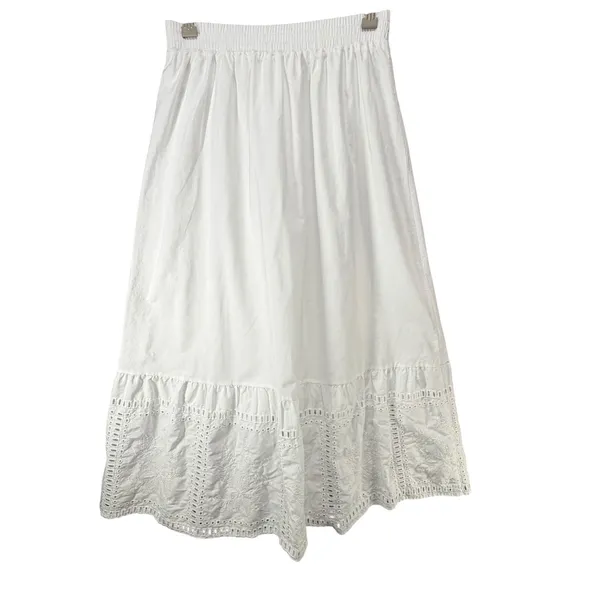Moon River Eyelet Midi Skirt M White Cotton Floral Embroidery Feminine Boho Chic - Image 4