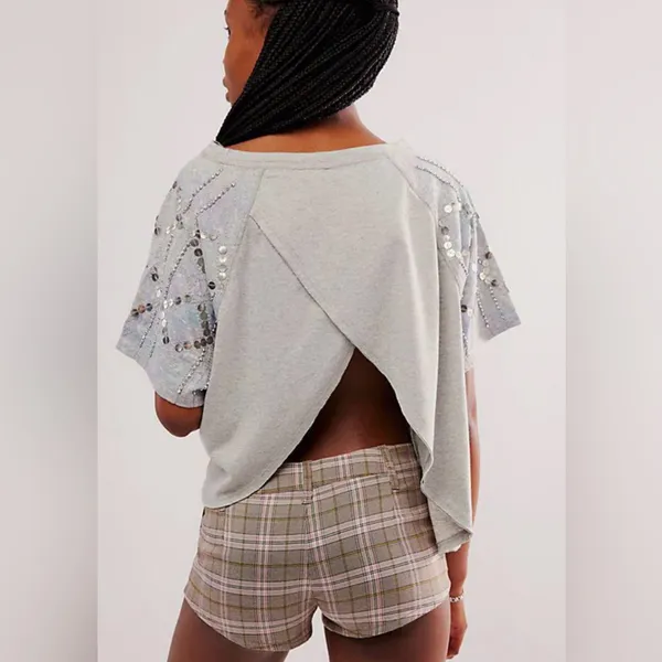 Free People Shine Me Out Top Embellished Sleeve Pullover Open‎ Back Large L NEW - Image 5