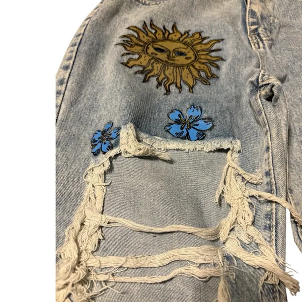 Light Blue Floral Distressed Wide Leg Jeans Size XL (29” Waist) - Image 5