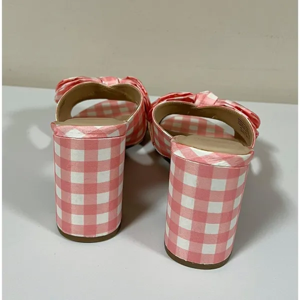 Draper James RSVP Pink White Gingham Plaid Checkered Bow Peep-Toe Open-Toe Heels Sandals Slides Shoes Size 8.5 🤍🩷 - Image 6