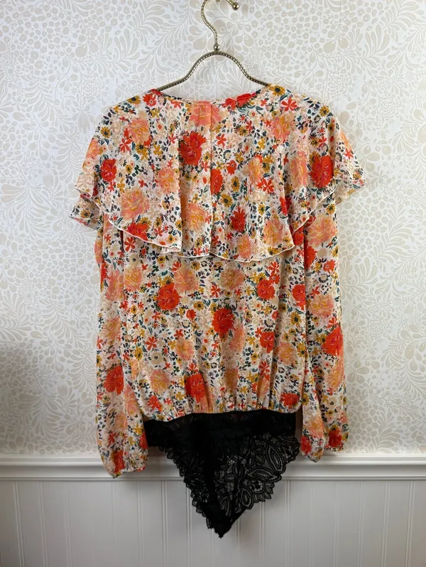 Free People Intimately Orange Floral Say It to Me Ruffle Bodysuit - Size - Small - Image 4