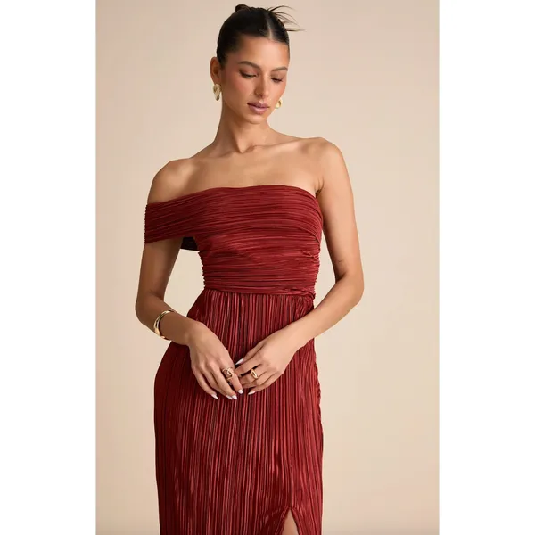 Lulus Poised Performance Rust Red Plisse One-Shoulder Maxi Dress Formal S NWT - Image 2