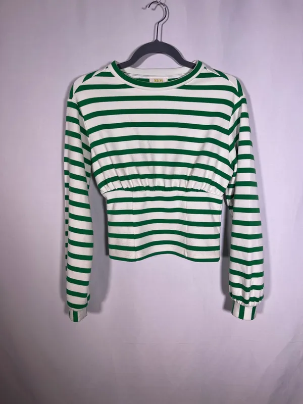 Maeve Anthropologie Womens Green White Stripe Corset Waist Blouse Xs - Image 2