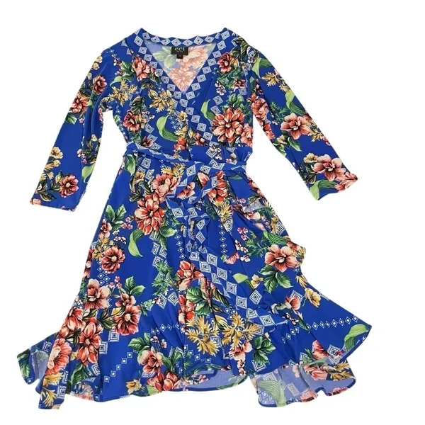 Eci New York Dress Womens Blue Midi Floral Wrap Floral Ladies size L - Image 9