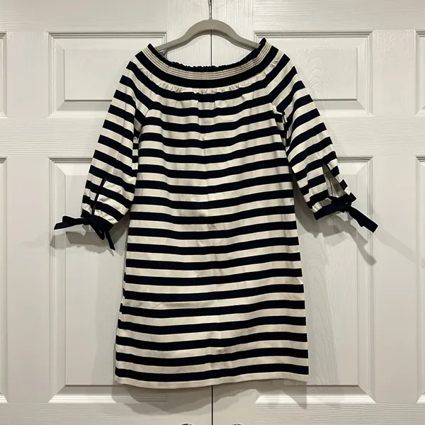 J. Crew Striped Off Shoulder‎ Mini Dress Navy Blue White Womens Size XS - Image 2