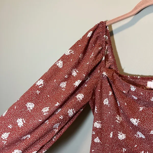 Dizzy Lizzy Rust Floral Polka Dot Puff Sleeve Square Neck Midi Dress Women's M‎ - Image 4